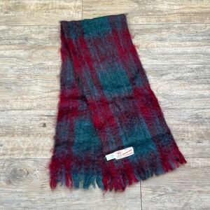 Vintage Mohair Wool Scarf Plaid Green Red 90s Made in Scotland Warm Cozy Natural
